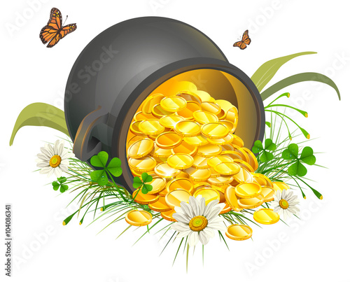 Overturned pot of gold coins. Cauldron of gold
