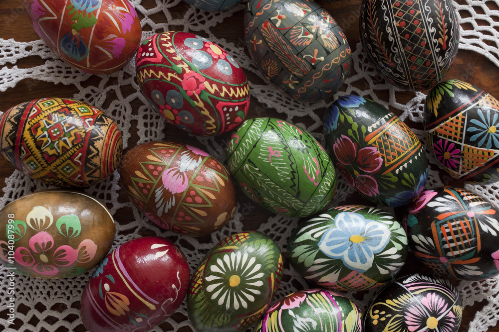 traditional easter eggs on wooden table