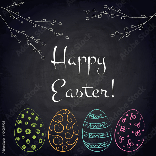 Easter background with pussy-willow and eggs on chalkboard
