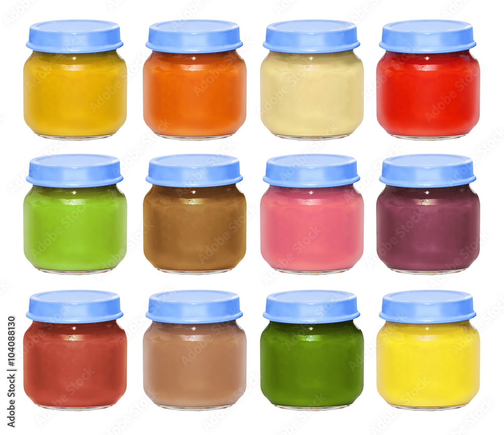 Set of bright multi-colored cans with baby food with blue covers, isolated on the white Set of bright multi-colored cans with baby food with blue covers, isolated on the white