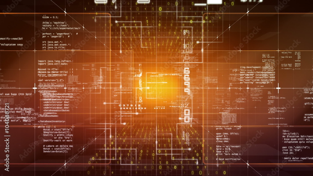 High tech animation of a camera moving through pieces of software source code