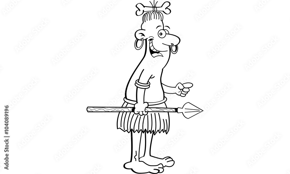 Obraz premium Black and white illustration of a native holding a spear and pointing.