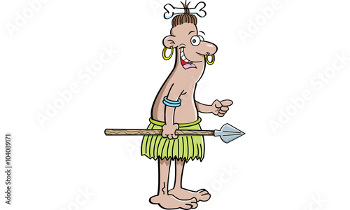 Cartoon illustration of a native holding a spear and pointing.