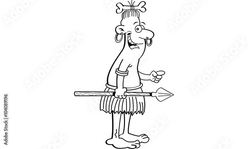 Black and white illustration of a native holding a spear and pointing.