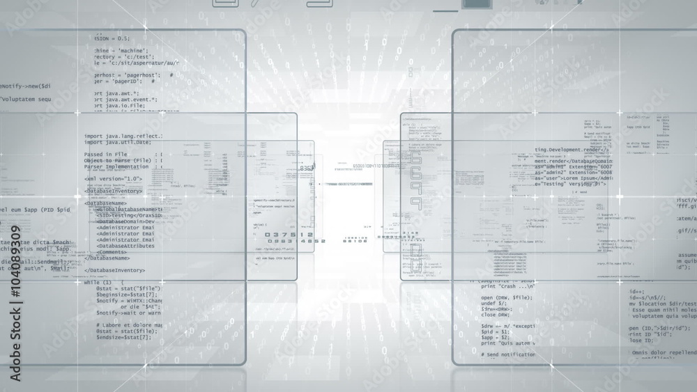 High tech animation of a camera moving through pieces of software source code