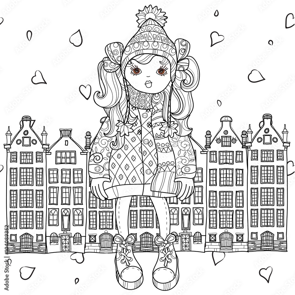 Vector cute girls in winter hat in town.Vector line illustration.Sketch for postcard or print or coloring adult book.Boho zentangle style.