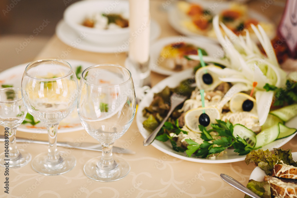 Empty glasses set in restaurant Empty glasses set in restaurant