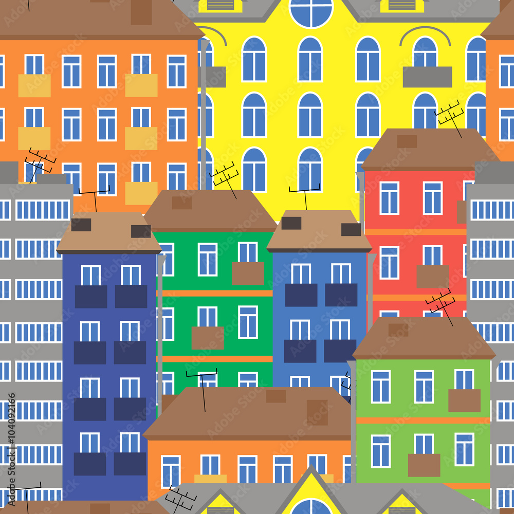 Seamless vector background with multicolored houses
