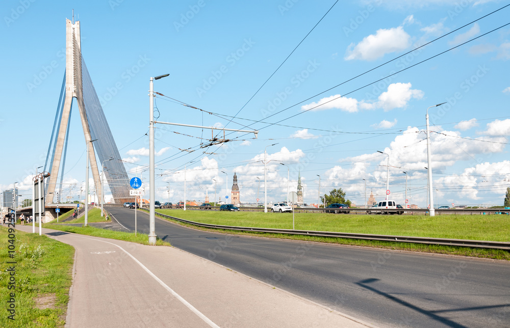 Suspension bridge on the river Daugava of Riga, Latvia