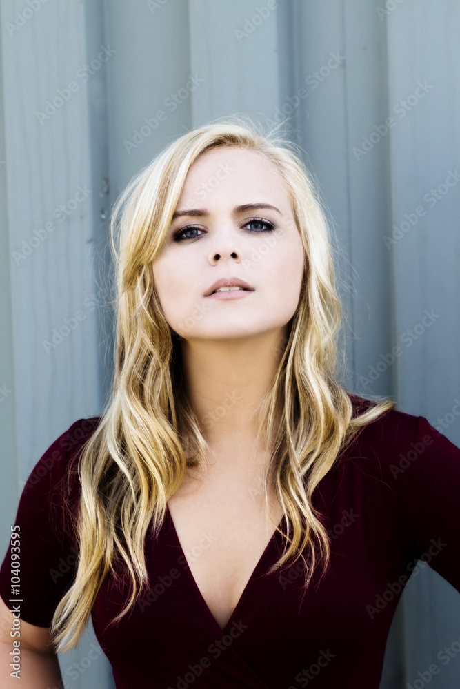 Blond Caucasian Woman Outdoor In Red Dress