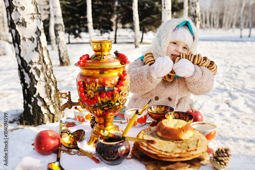 Wallpaper Mural baby girl in coat and headscarf in the Russian samovar in the ba Torontodigital.ca