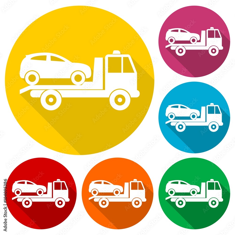 Car towing truck icons set with long shadow Car towing truck icons set with long shadow