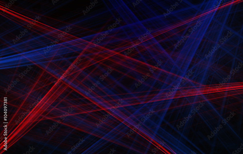 Fototapeta premium Red and blue laser random beams on dark background