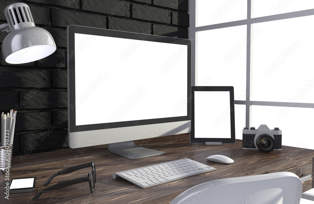 Fototapeta premium 3D illustration PC screen on table in office, Workspace