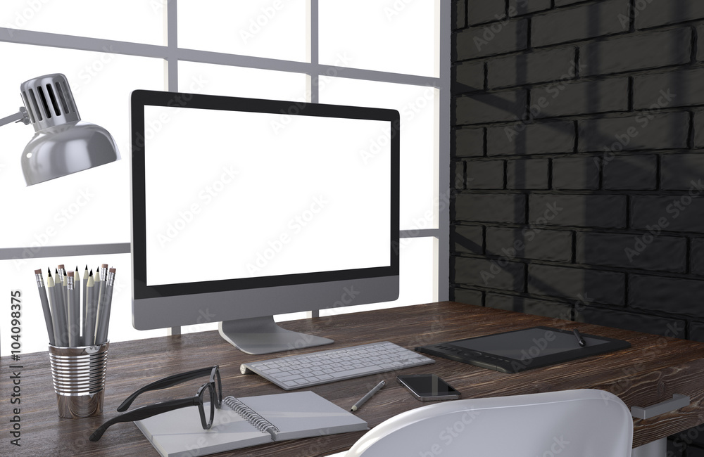 Fototapeta premium 3D illustration PC screen on table in office, Workspace