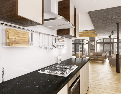 Modern kitchen interior 3d render