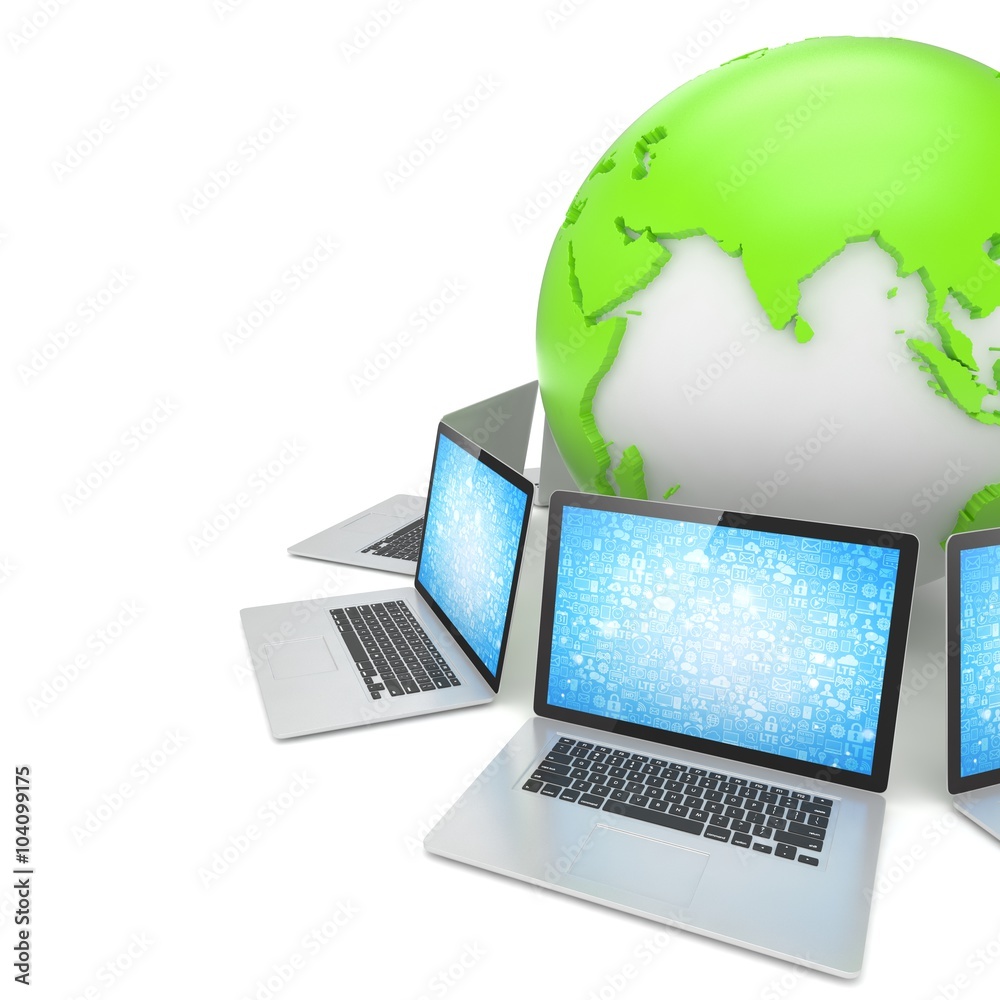 Laptop network around earth globe. 3d render Laptop network around earth globe. 3d render