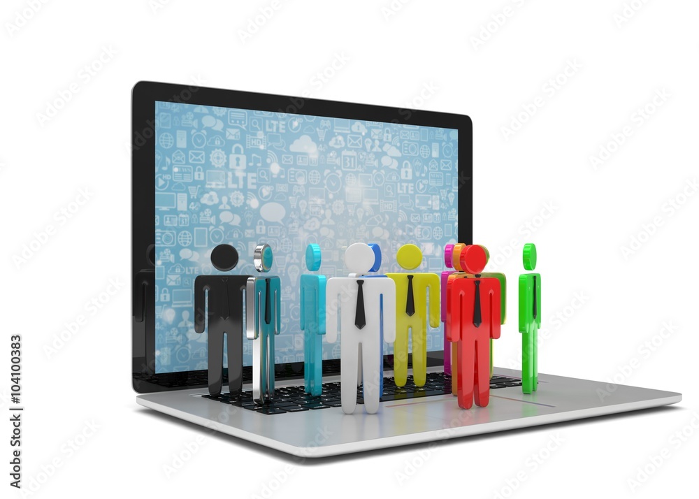 Fototapeta premium group of people figures on laptop, 3d render
