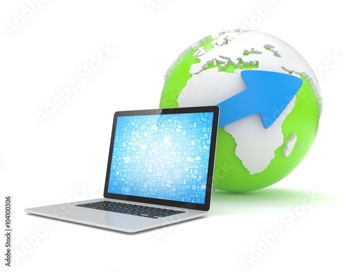 Laptop network and earth globe. 3d render