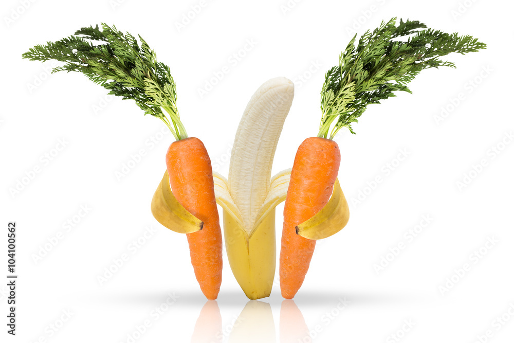 Banana fruit hugging carrots for love of health Stock Photo Adobe Stock
