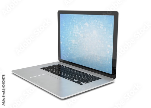 3d rendering of a laptop with blue wallpaper with app icon