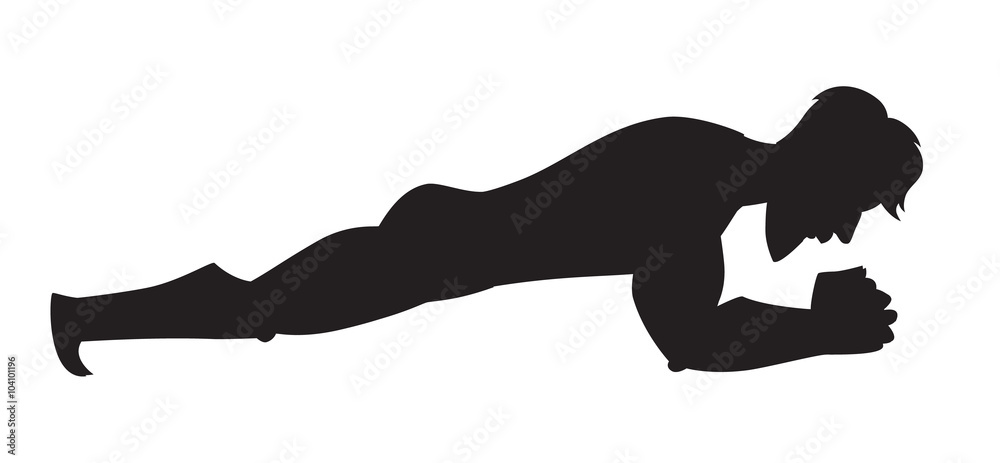 Silhouette vector illustration. Plank exercise. Cartoon style athlete. Isolated vector on white background Silhouette vector illustration. Plank exercise. Cartoon style athlete. Isolated vector on white background