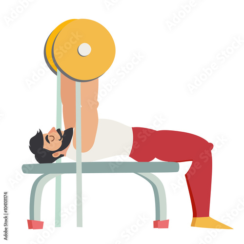 Bench press exercise. Bearded man with muscles coach in the gym. Isolated vector illustration on white background.