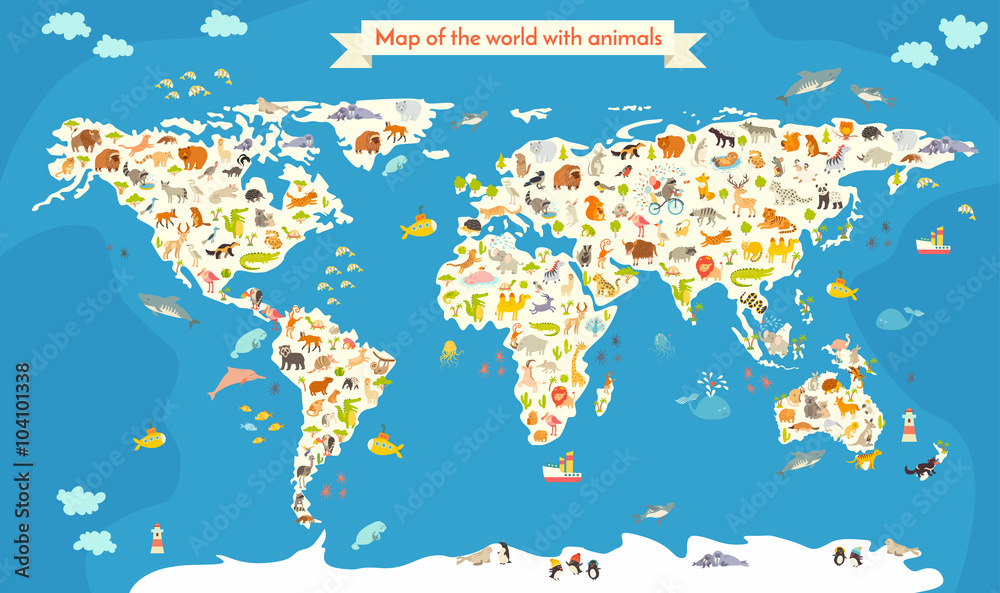 Map of the World with animals. Beautiful colorful vector illustration. Preschool, for baby, children, kids and all people