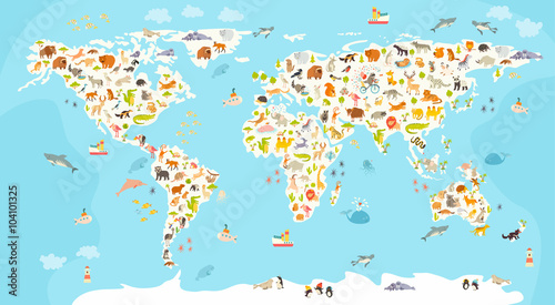 Naklejka Mapa ssaków świata. Piękna wesoła kolorowa wektorowa ilustracja dla dzieci i dzieciaków. Przedszkole, dziecko, kontynenty, oceany, narysowane, Ziemia