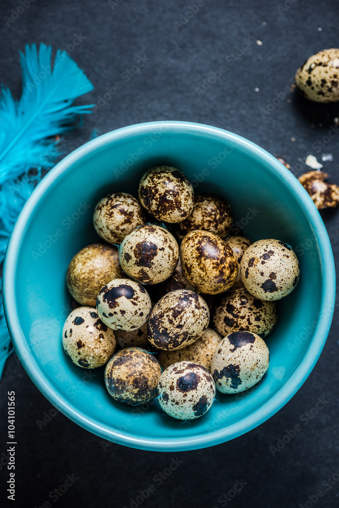Quail eggs in pastel bowl on dark background, Easter concept. Quail eggs in pastel bowl on dark background, Easter concept.