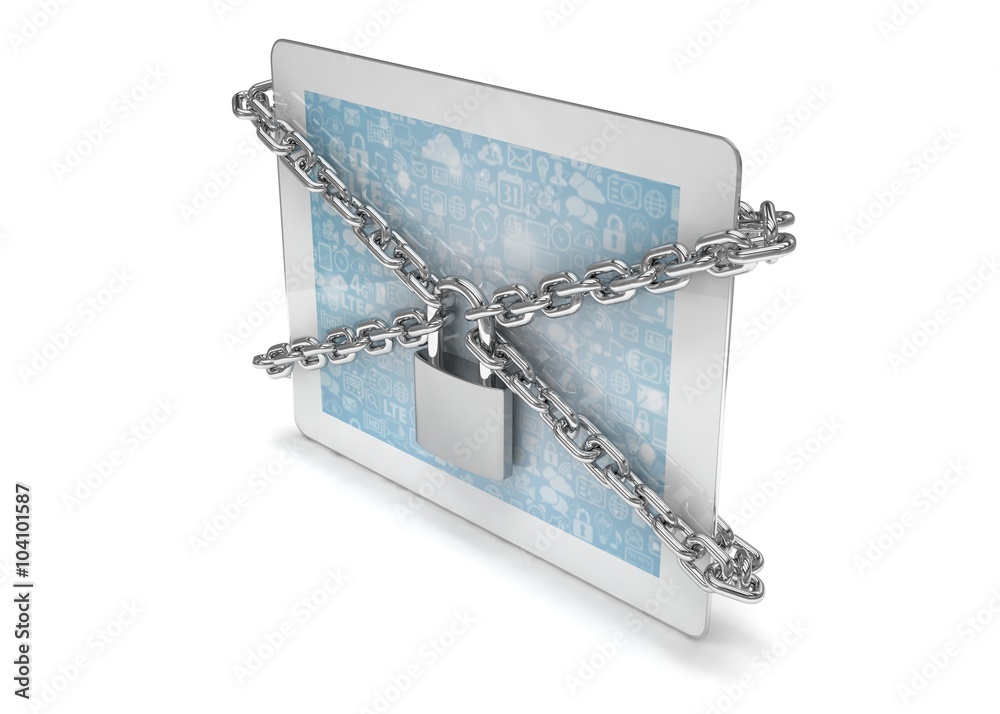 tablet PC with chains and lock isolated on white background tablet PC with chains and lock isolated on white background