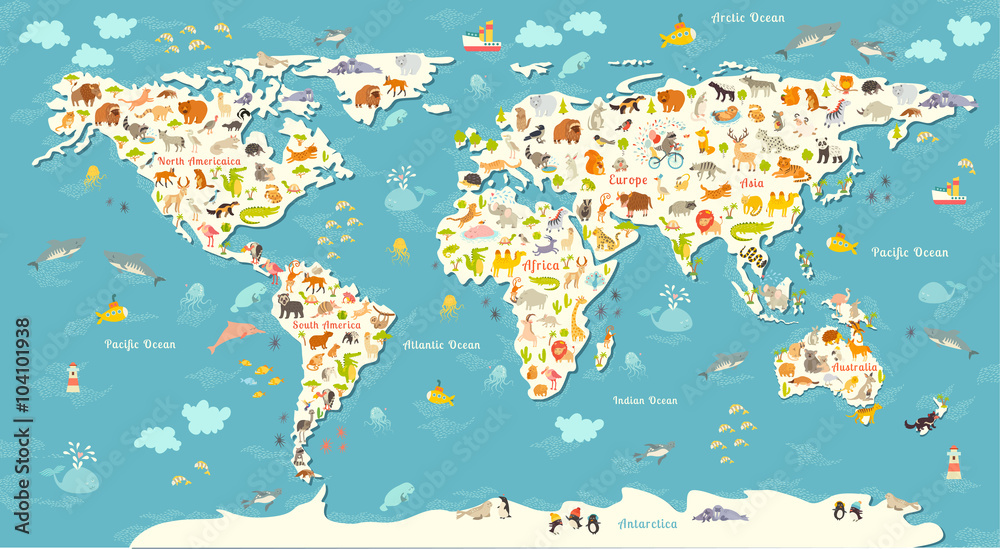 Fototapeta Mapa świata zwierząt. Piękna wesoła kolorowa wektorowa ilustracja dla dzieci i dzieciaków. Z napisem oceanów i kontynentów. Przedszkole, dziecko, kontynenty, oceany, narysowane, Ziemia