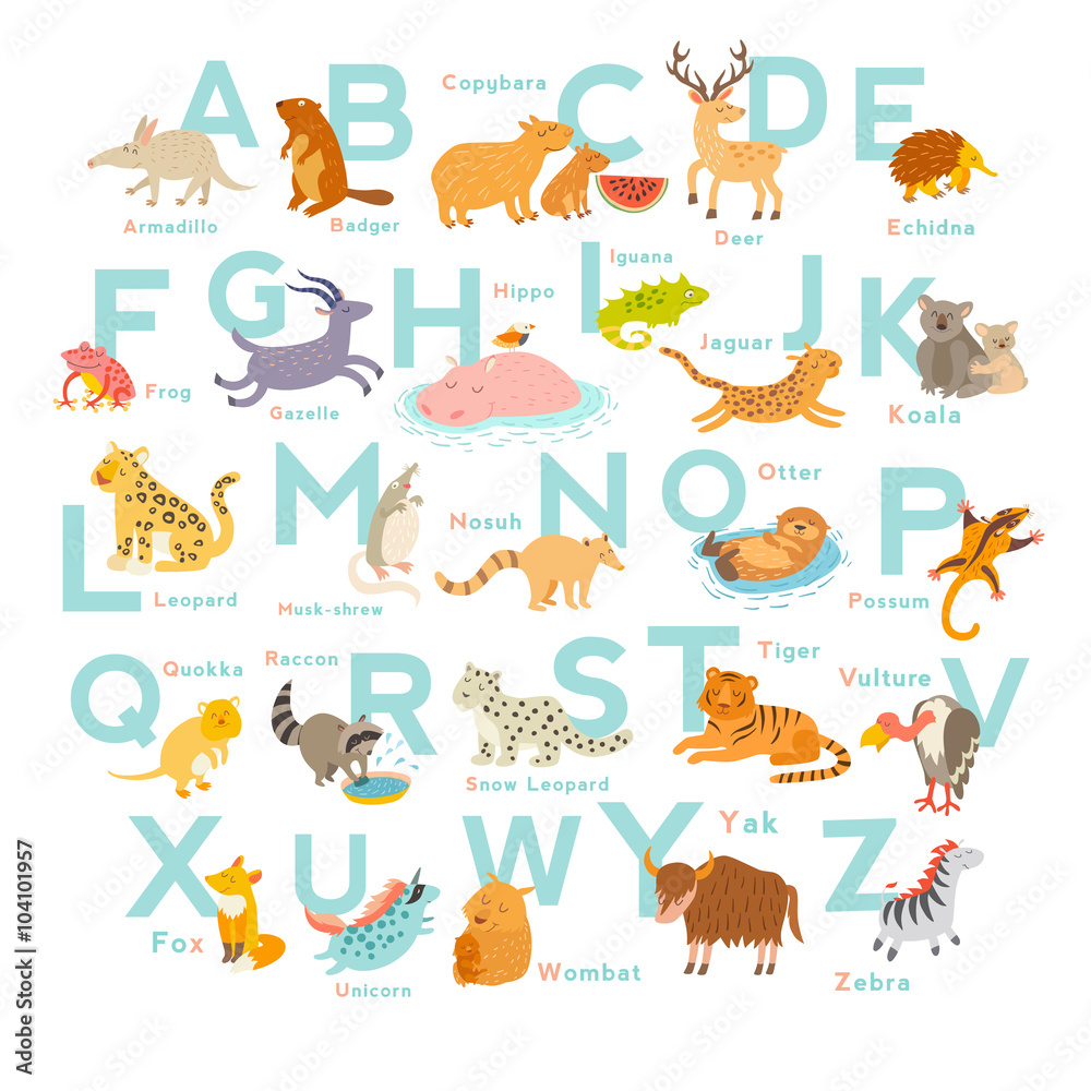 Obraz premium Cute vector zoo alphabet. Funny cartoon animals. Vector Illustration EPS10 isolated on white background. Letters. Learn to read