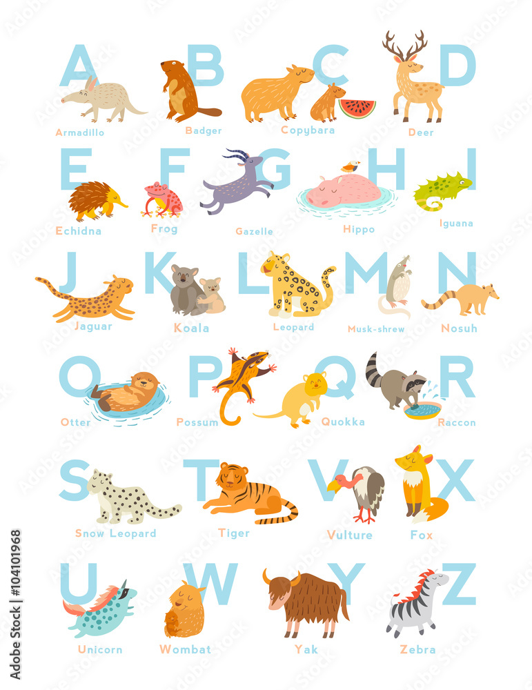 Cute vector zoo alphabet. Funny cartoon animals. Vector Illustration EPS10 isolated on white background. Letters. Learn to read Cute vector zoo alphabet. Funny cartoon animals. Vector Illustration EPS10 isolated on white background. Letters. Learn to read
