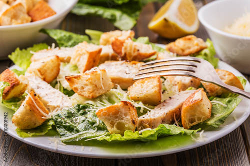 Homemade Chicken Caesar Salad with Cheese and Croutons..