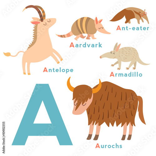 Fototapeta Naklejka Na Ścianę i Meble -  A letter animals set. English alphabet. Vector illustration, isolated on white background
