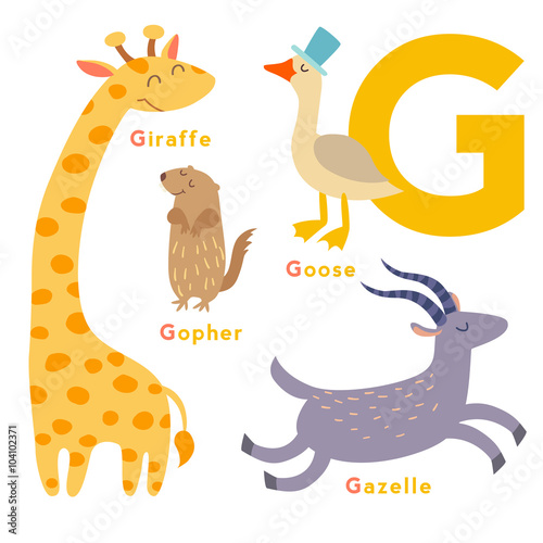 G letter animals set. English alphabet. Vector illustration, isolated on white background