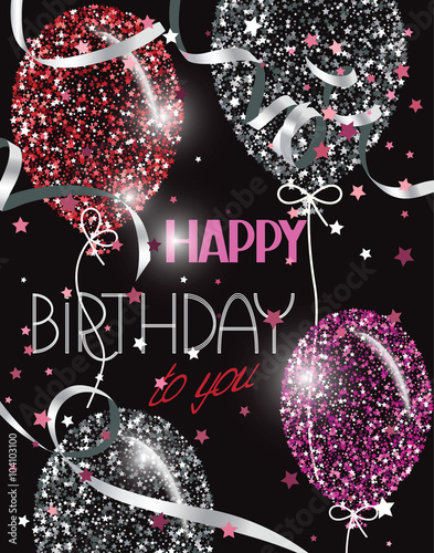 Vector illustration with abstract colorful air balloons with stars, ticker tapes and Happy Birthday wishes