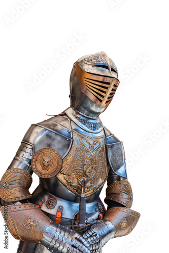 Full suit of Gothic plate armor isolated on white.