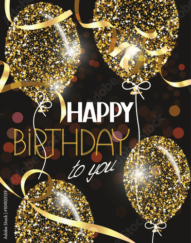 Vector illustration with abstract gold air balloons with stars, ticker tapes and Happy Birthday wishes