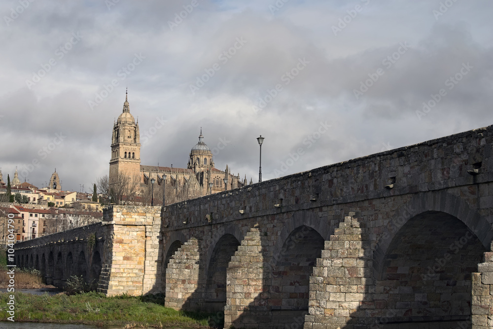 Stone bridge which was built by the Romans. Fabulous views of the medieval cathedral. Catedral Nueva de Salamanca. Spain.