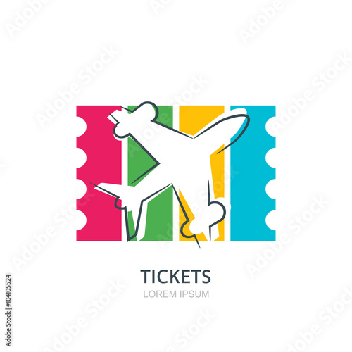 Flight airplane silhouette and colorful striped ticket on background. Vector flat logo design template. Boarding pass icon. Travel agency, sale tickets concept. 