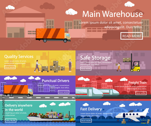 Logistic and transportation concept flat banners. Vector set of truck, ship, train, air transport delivery, shipping