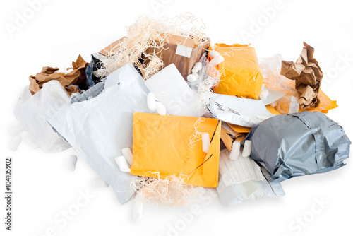 Pile of used and tore postal packages symbolizes a waste pollution problem
