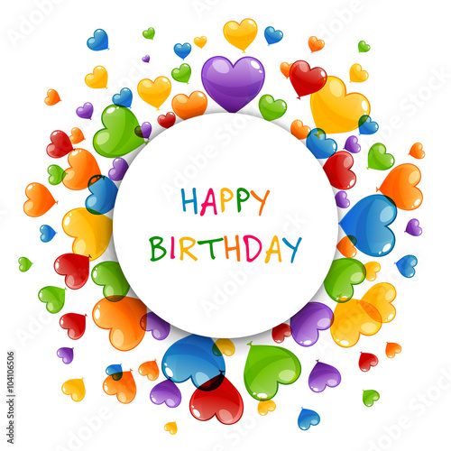 Vector Illustration of a Happy Birthday Greeting Card with Colorful Heart Balloons