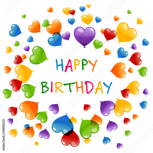 Vector Illustration of a Happy Birthday Greeting Card with Colorful Heart Balloons