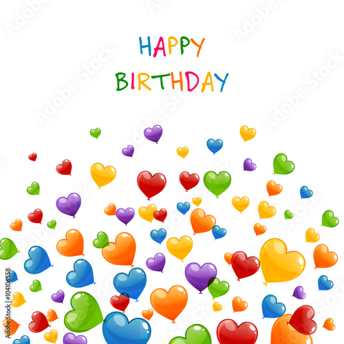 Vector Illustration of a Happy Birthday Greeting Card with Colorful Heart Balloons