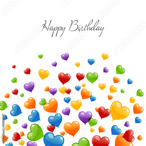 Vector Illustration of a Happy Birthday Greeting Card with Colorful Heart Balloons