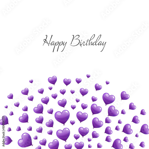 Vector Illustration of a Happy Birthday Greeting Card with Purple Heart Balloons
