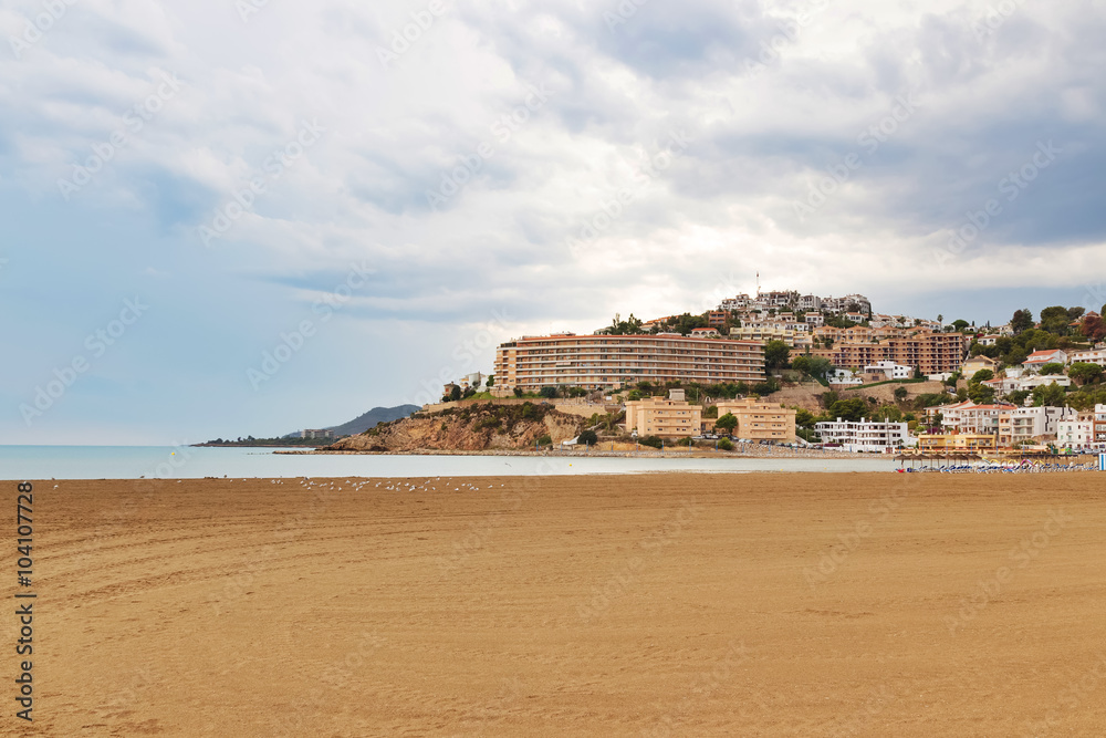 View over the beach and hotels of Peniscola, Spain
